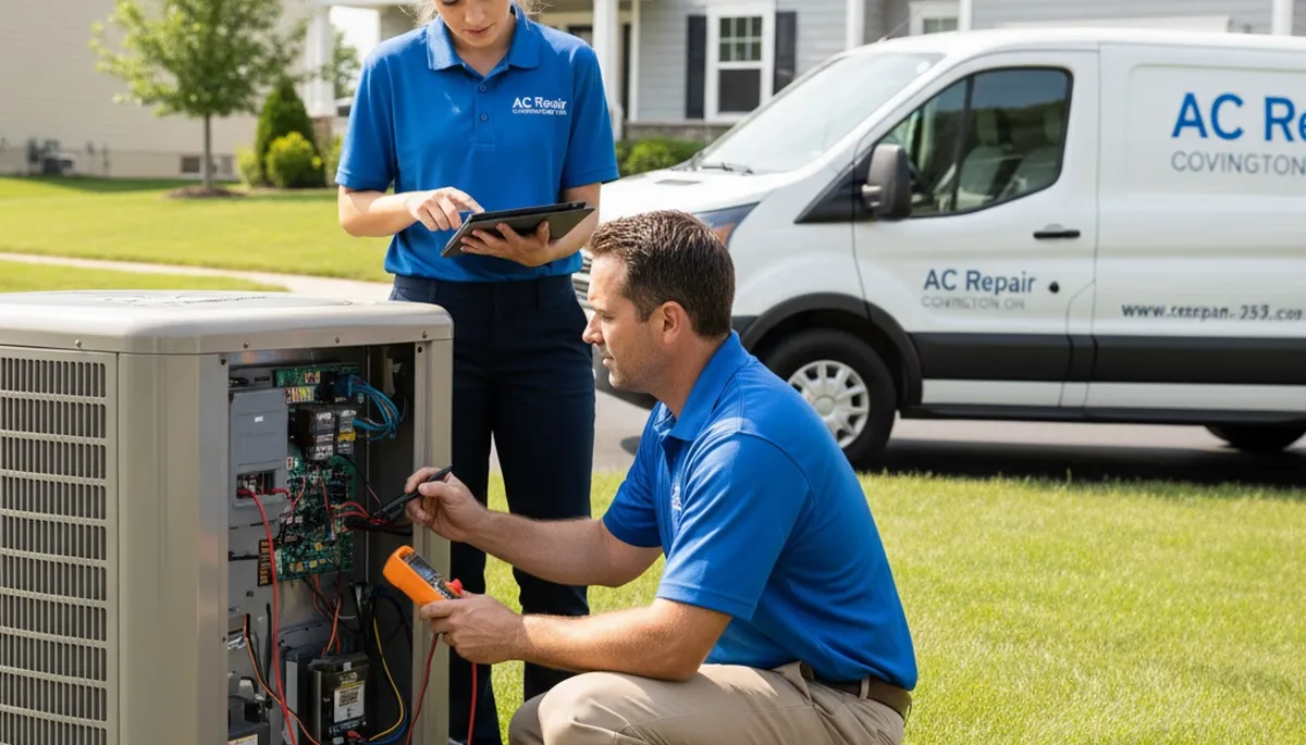 Professional AC repair technician servicing air conditioner in Cincinnati, OH home