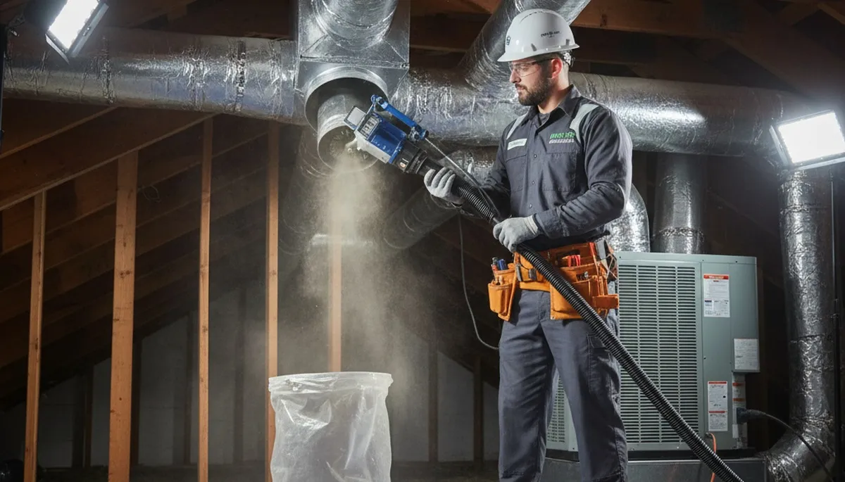 Technician cleaning residential air ducts in Cincinnati, OH for improved HVAC efficiency and air quality