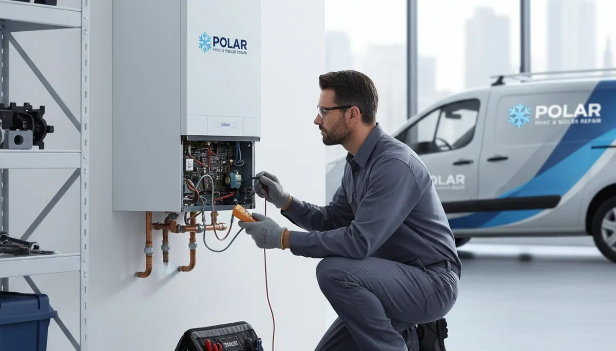 Technician performing boiler repair service in Cincinnati OH home for Five Star Cooling