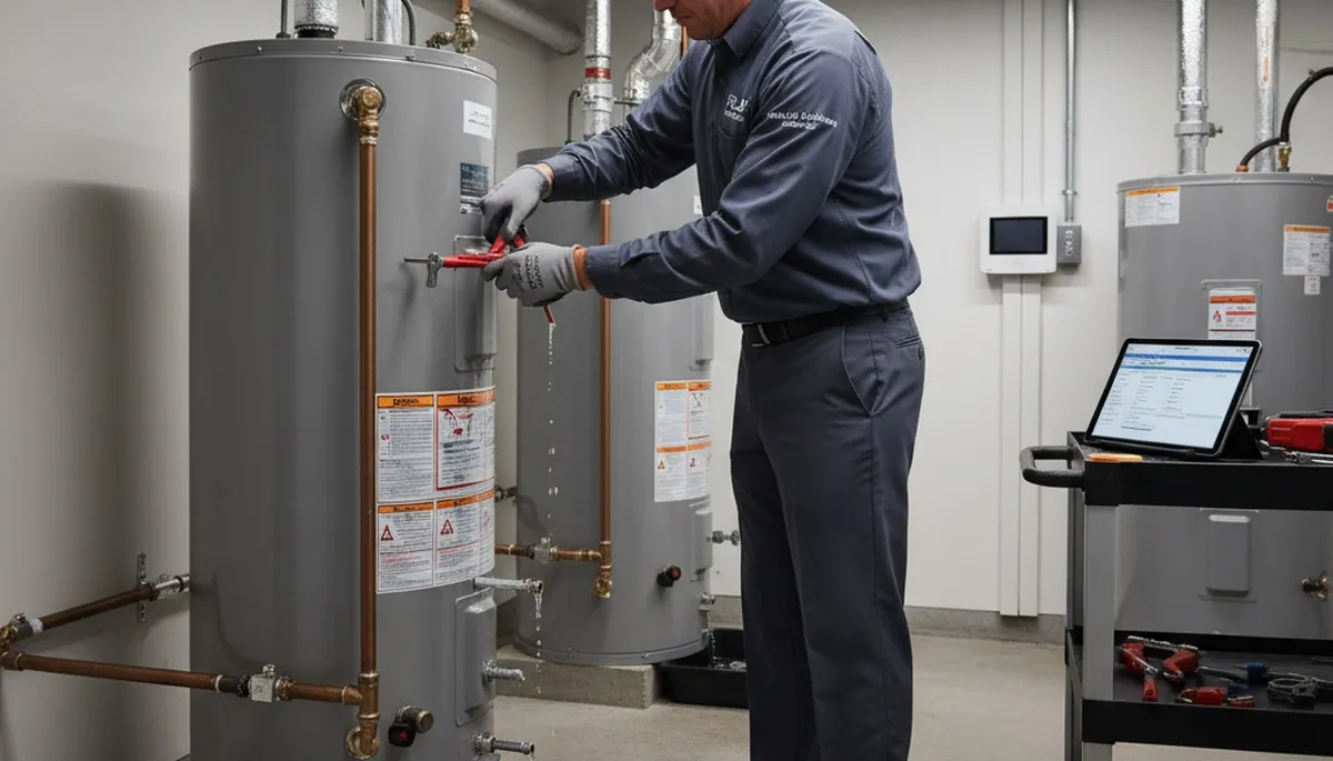 Technician repairing residential water heater in Cincinnati, OH for Five Star Cooling service page
